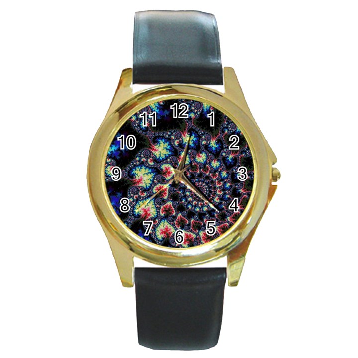 Psychedelic Colorful Abstract Trippy Fractal Round Gold Metal Watch