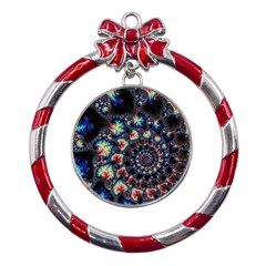 Psychedelic Colorful Abstract Trippy Fractal Metal Red Ribbon Round Ornament by Bedest