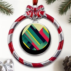 Abstract Geometric Design Pattern Metal Red Ribbon Round Ornament