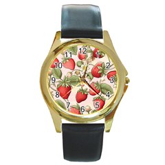 Strawberry Fruit Round Gold Metal Watch by Bedest