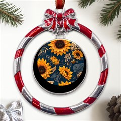 Flower Pattern Spring Metal Red Ribbon Round Ornament by Bedest