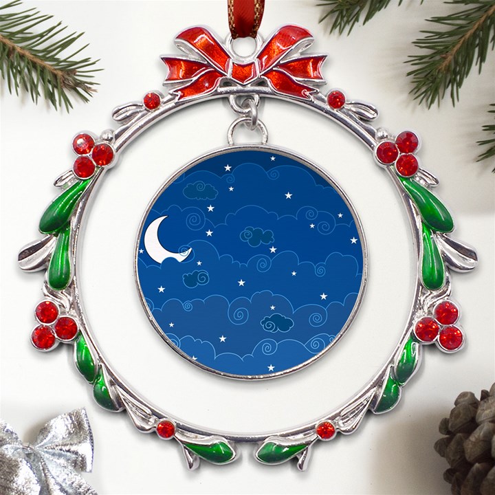 Sky Night Moon Clouds Crescent Metal X mas Wreath Ribbon Ornament