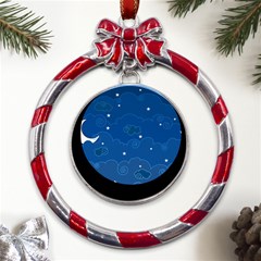 Sky Night Moon Clouds Crescent Metal Red Ribbon Round Ornament by Proyonanggan