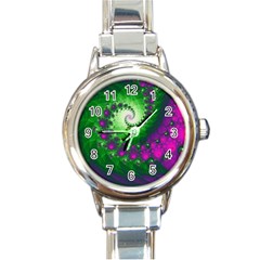 Fractal Spiral Purple Art Green Art Round Italian Charm Watch by Proyonanggan