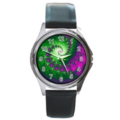 Fractal Spiral Purple Art Green Art Round Metal Watch by Proyonanggan