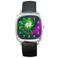 Fractal Spiral Purple Art Green Art Square Metal Watch by Proyonanggan