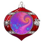 Fractal Art Artwork Magical Purple Metal Snowflake And Bell Red Ornament Front