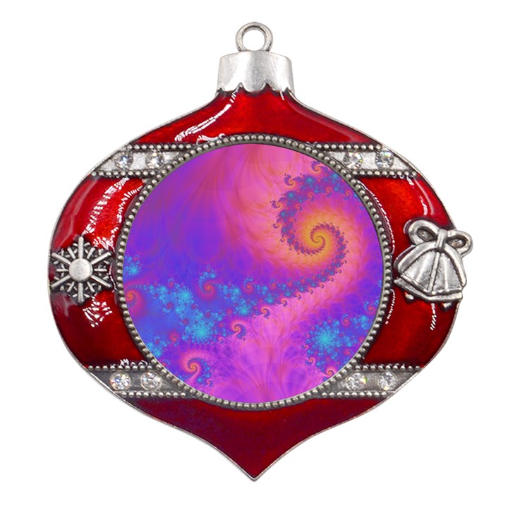 Fractal Art Artwork Magical Purple Metal Snowflake And Bell Red Ornament