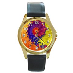 Fractal Spiral Bright Colors Round Gold Metal Watch by Proyonanggan