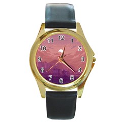 Aesthetic Pixel Art Landscape Round Gold Metal Watch by Sarkoni