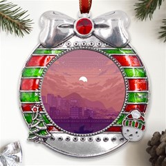 Aesthetic Pixel Art Landscape Metal X mas Ribbon With Red Crystal Round Ornament by Sarkoni