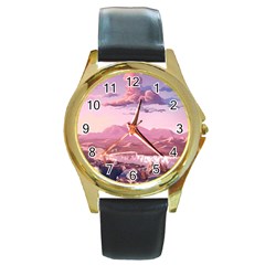 Aesthetic Landscape Vintage Cartoon Round Gold Metal Watch