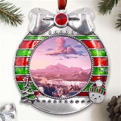 Aesthetic Landscape Vintage Cartoon Metal X Mas Ribbon With Red Crystal Round Ornament