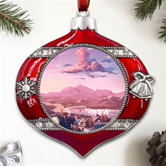 Aesthetic Landscape Vintage Cartoon Metal Snowflake And Bell Red Ornament