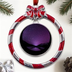 Dark Purple Aesthetic Landscape Metal Red Ribbon Round Ornament by Sarkoni