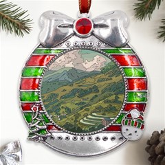 Anime Scenery Drawing Sky Landscape Cloud Cartoon Metal X mas Ribbon With Red Crystal Round Ornament by Sarkoni