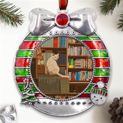 Library Aesthetic Metal X mas Ribbon With Red Crystal Round Ornament