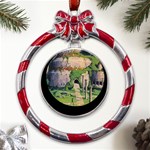 Painting Scenery Metal Red Ribbon Round Ornament Front