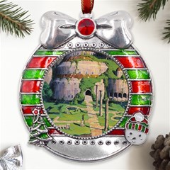 Painting Scenery Metal X mas Ribbon With Red Crystal Round Ornament by Sarkoni