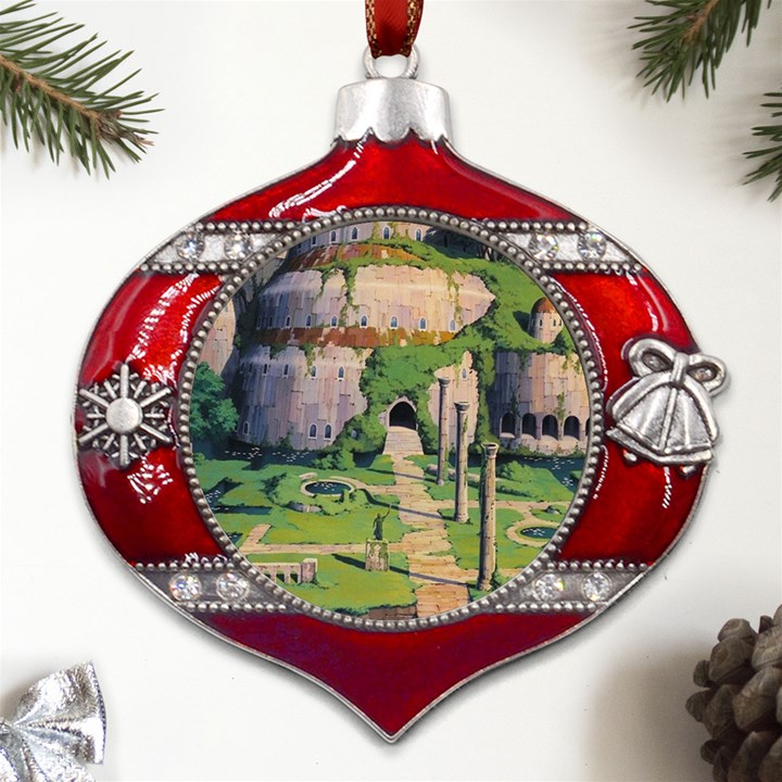 Painting Scenery Metal Snowflake And Bell Red Ornament