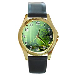 Trees Forest Artwork Nature Beautiful Landscape Round Gold Metal Watch by Sarkoni