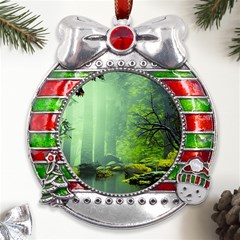 Trees Forest Artwork Nature Beautiful Landscape Metal X mas Ribbon With Red Crystal Round Ornament