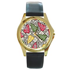 Leaves Foliage Batik Seamless Round Gold Metal Watch by Sarkoni