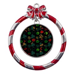 Apples Honey Honeycombs Pattern Metal Red Ribbon Round Ornament