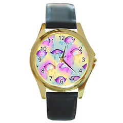 Ahegao, Anime, Pink Round Gold Metal Watch