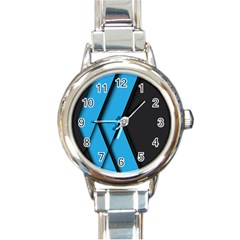 Blue Black Abstract Background, Geometric Background Round Italian Charm Watch by nateshop