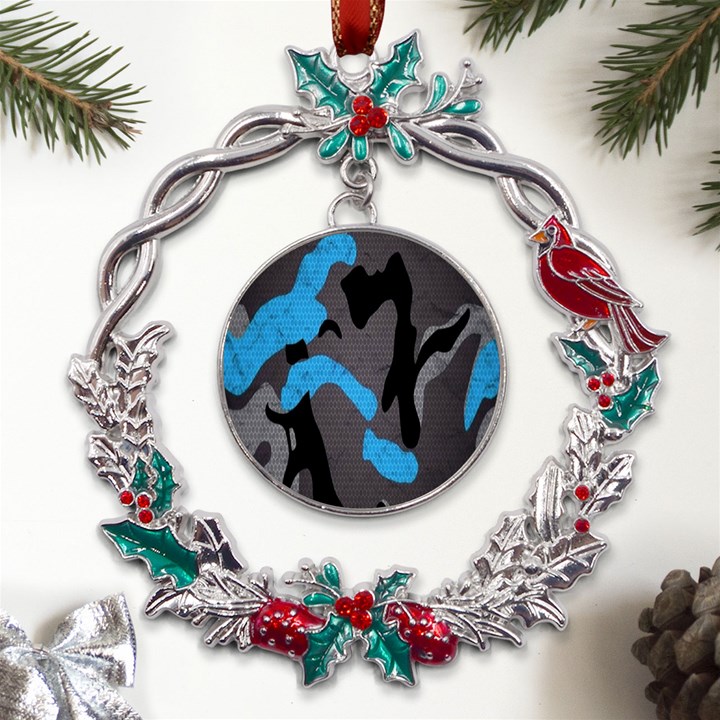 Blue, Abstract, Black, Desenho, Grey Shapes, Texture Metal X mas Wreath Holly leaf Ornament