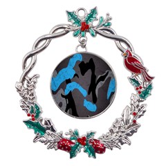 Blue, Abstract, Black, Desenho, Grey Shapes, Texture Metal X mas Wreath Holly Leaf Ornament