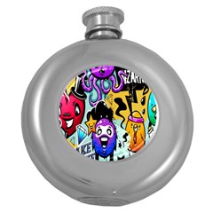 Cartoon Graffiti, Art, Black, Colorful, Wallpaper Round Hip Flask (5 Oz) by nateshop