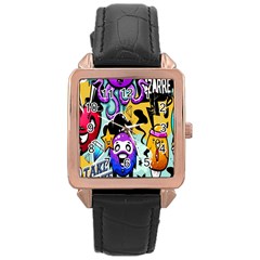 Cartoon Graffiti, Art, Black, Colorful, Wallpaper Rose Gold Leather Watch  by nateshop