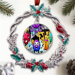 Cartoon Graffiti, Art, Black, Colorful, Wallpaper Metal X mas Wreath Holly Leaf Ornament by nateshop