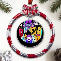 Cartoon Graffiti, Art, Black, Colorful, Wallpaper Metal Red Ribbon Round Ornament by nateshop