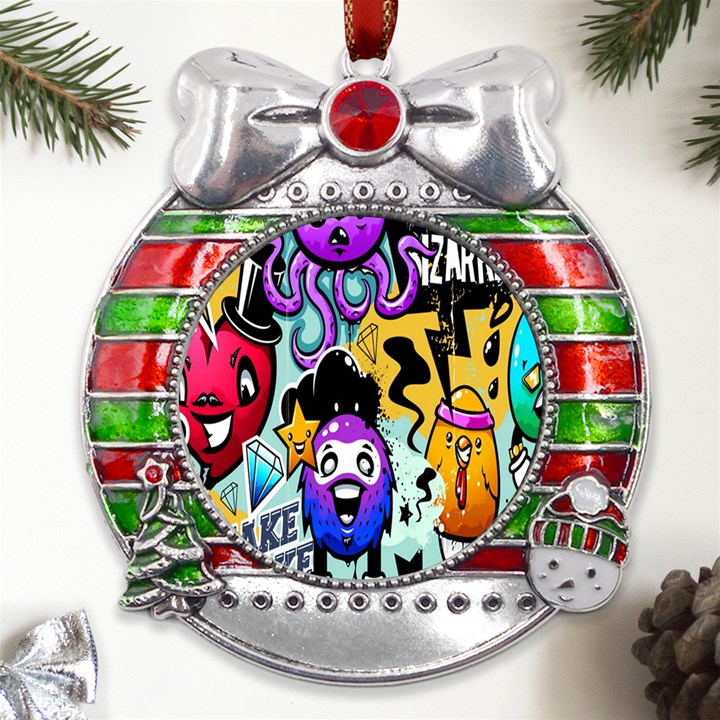 Cartoon Graffiti, Art, Black, Colorful, Wallpaper Metal X Mas Ribbon With Red Crystal Round Ornament