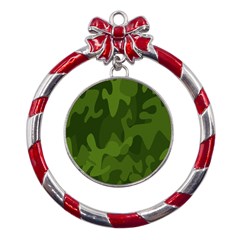 Green Camouflage, Camouflage Backgrounds, Green Fabric Metal Red Ribbon Round Ornament by nateshop