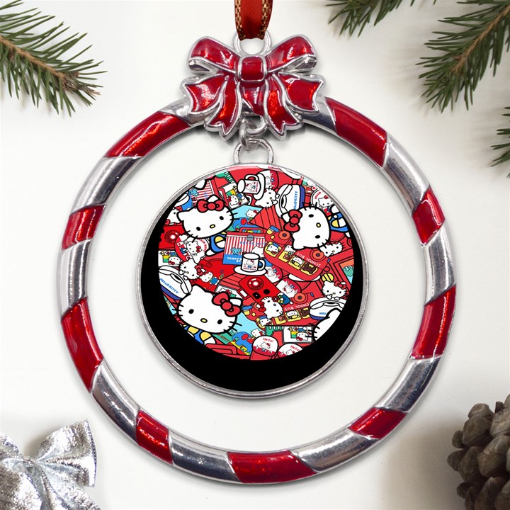 Hello-kitty-61 Metal Red Ribbon Round Ornament