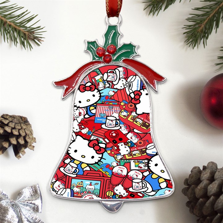 Hello-kitty-61 Metal Holly Leaf Bell Ornament