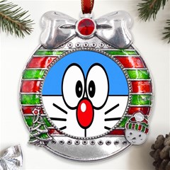 Doraemon Face, Anime, Blue, Cute, Japan Metal X mas Ribbon With Red Crystal Round Ornament by nateshop