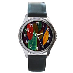 Leaves, Colorful, Desenho, Falling, Round Metal Watch by nateshop