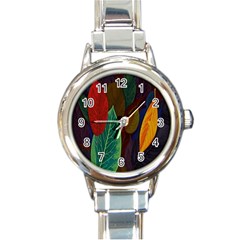 Leaves, Colorful, Desenho, Falling, Round Italian Charm Watch by nateshop