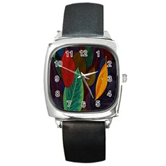 Leaves, Colorful, Desenho, Falling, Square Metal Watch by nateshop