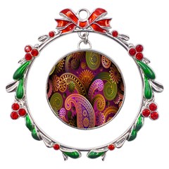 Paisley Pattern, Abstract Colorful, Texture Background, Hd Metal X mas Wreath Ribbon Ornament by nateshop