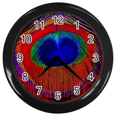 Peacock-feathers,blue 1 Wall Clock (black) by nateshop