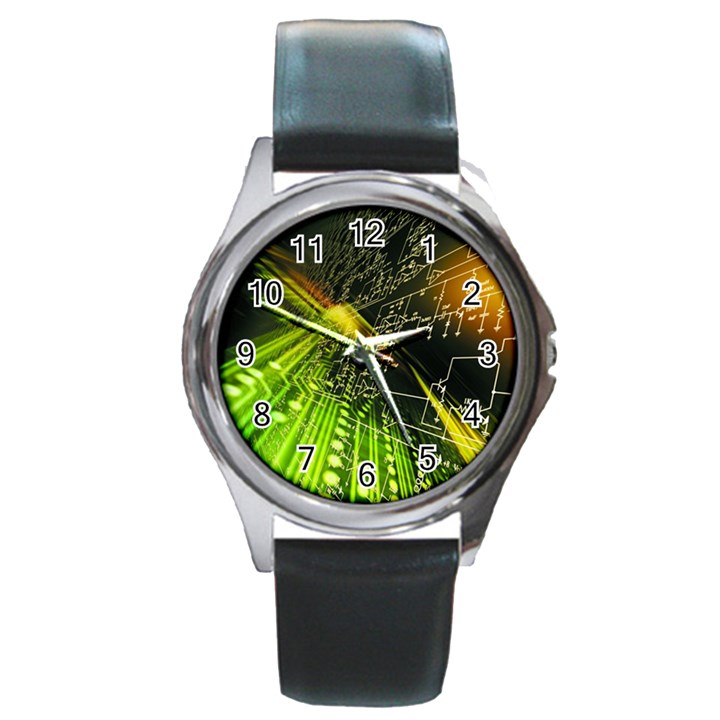 Machine Technology Circuit Electronic Computer Technics Detail Psychedelic Abstract Pattern Round Metal Watch