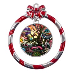 Psychedelic Funky Trippy Metal Red Ribbon Round Ornament by Sarkoni