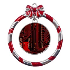 Technology Computer Circuit Metal Red Ribbon Round Ornament by Sarkoni