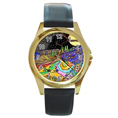 Nature Moon Psychedelic Painting Round Gold Metal Watch